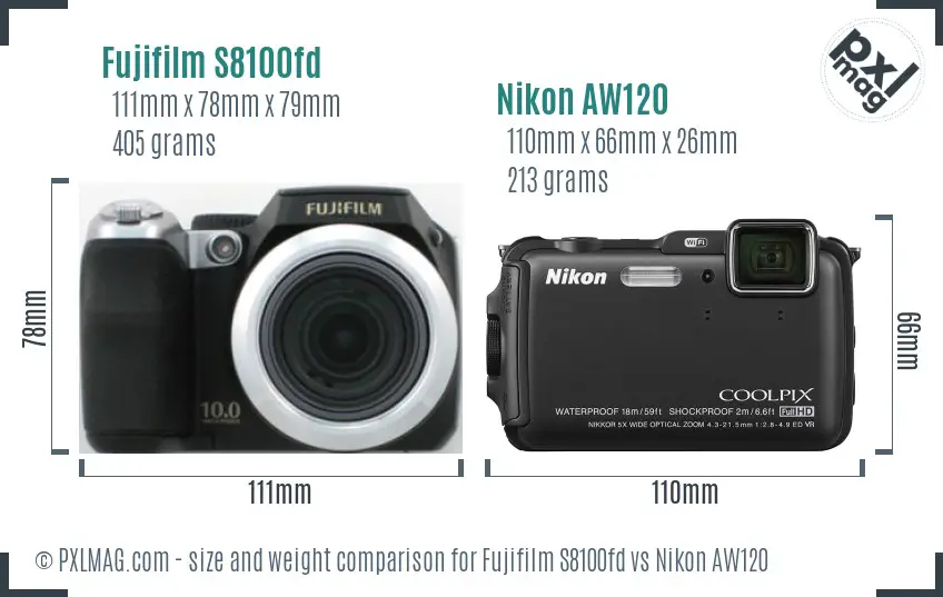 Fujifilm S8100fd vs Nikon AW120 size comparison