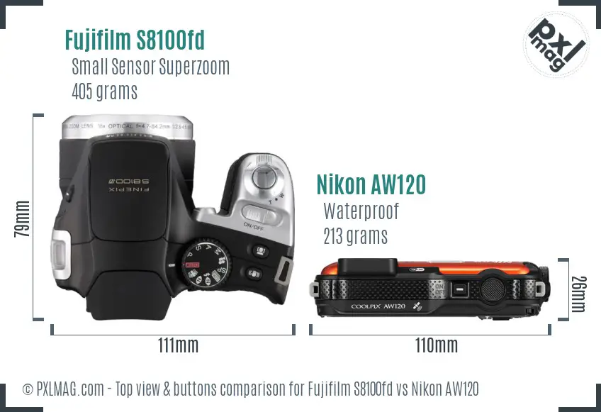 Fujifilm S8100fd vs Nikon AW120 top view buttons comparison