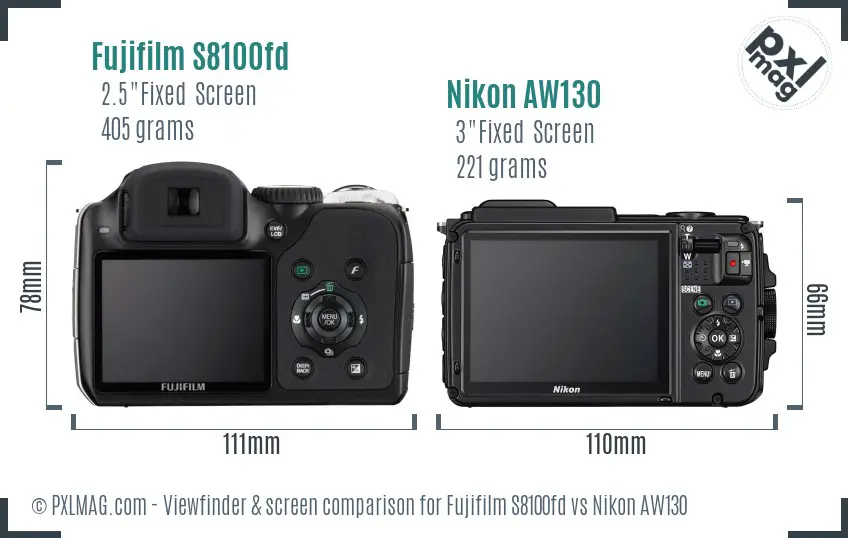 Fujifilm S8100fd vs Nikon AW130 Screen and Viewfinder comparison