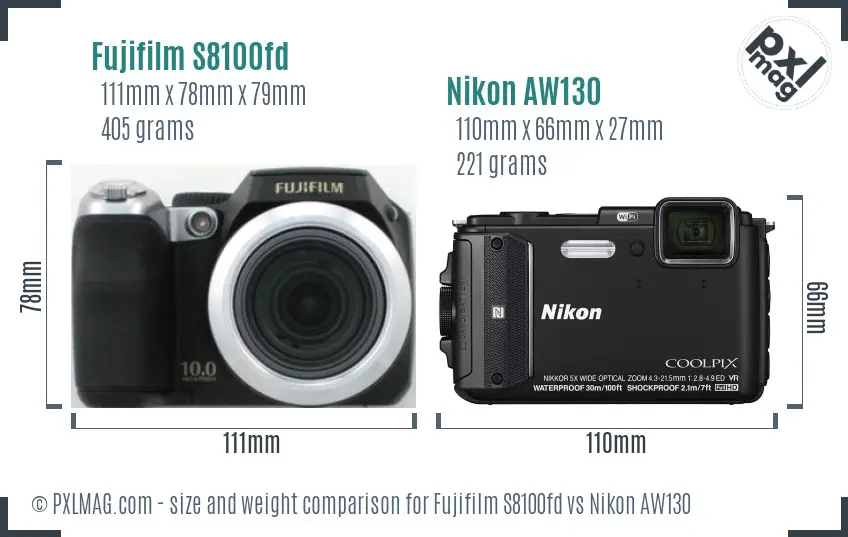 Fujifilm S8100fd vs Nikon AW130 size comparison