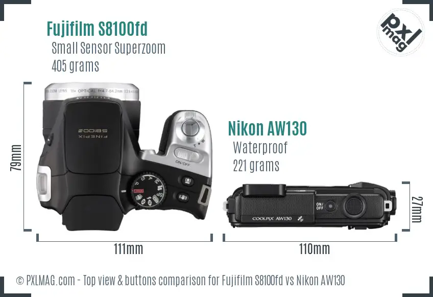 Fujifilm S8100fd vs Nikon AW130 top view buttons comparison