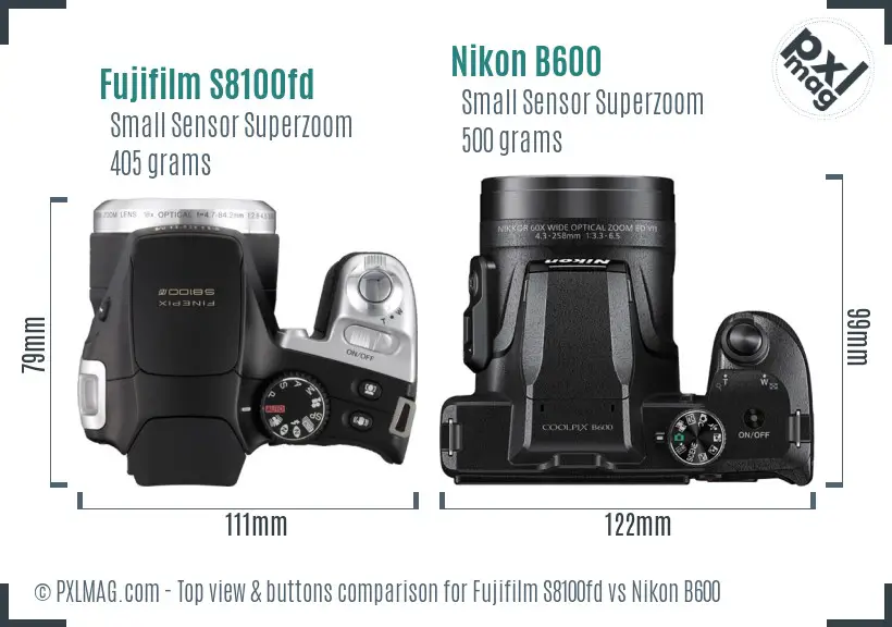 Fujifilm S8100fd vs Nikon B600 top view buttons comparison Fujifilm S8100fd vs Nikon B600 top view buttons comparison
