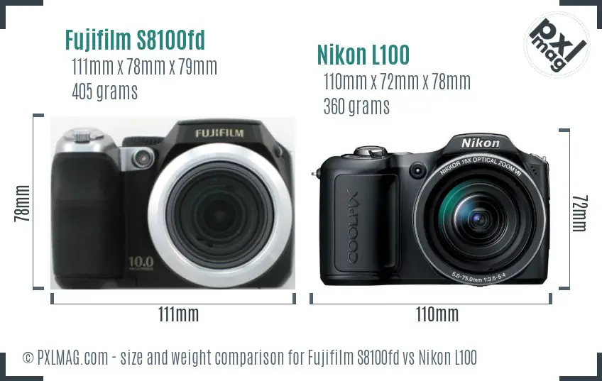 Fujifilm S8100fd vs Nikon L100 size comparison