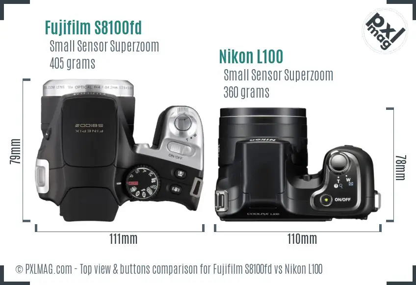 Fujifilm S8100fd vs Nikon L100 top view buttons comparison