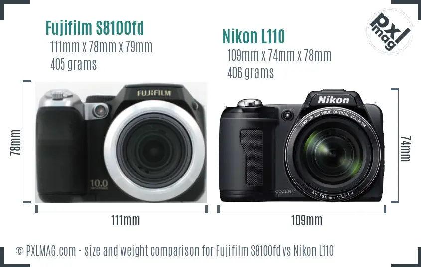 Fujifilm S8100fd vs Nikon L110 size comparison