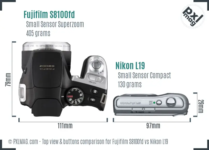 Fujifilm S8100fd vs Nikon L19 top view buttons comparison