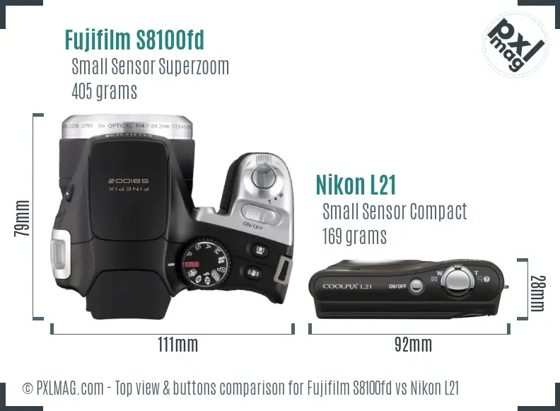 Fujifilm S8100fd vs Nikon L21 top view buttons comparison