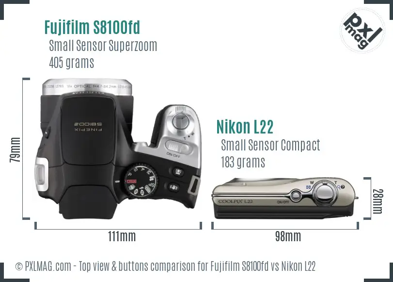 Fujifilm S8100fd vs Nikon L22 top view buttons comparison