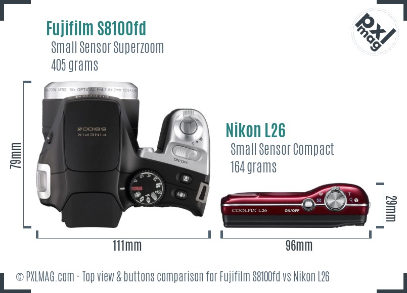 Fujifilm S8100fd vs Nikon L26 top view buttons comparison