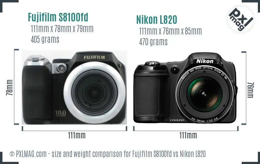 Fujifilm S8100fd vs Nikon L820 size comparison