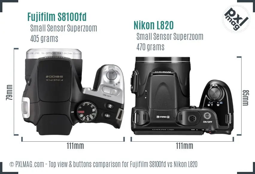 Fujifilm S8100fd vs Nikon L820 top view buttons comparison