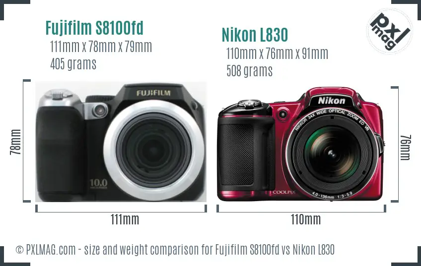 Fujifilm S8100fd vs Nikon L830 size comparison