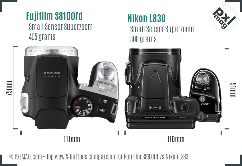 Fujifilm S8100fd vs Nikon L830 top view buttons comparison