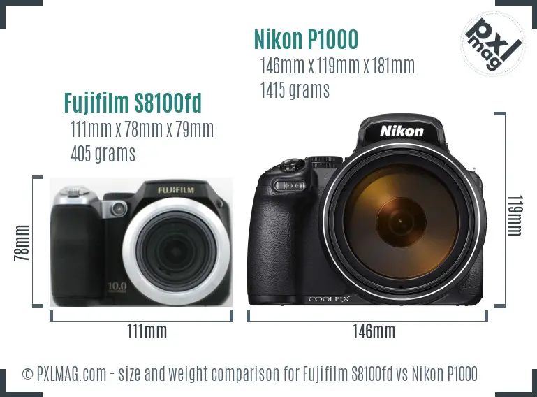 Fujifilm S8100fd vs Nikon P1000 size comparison