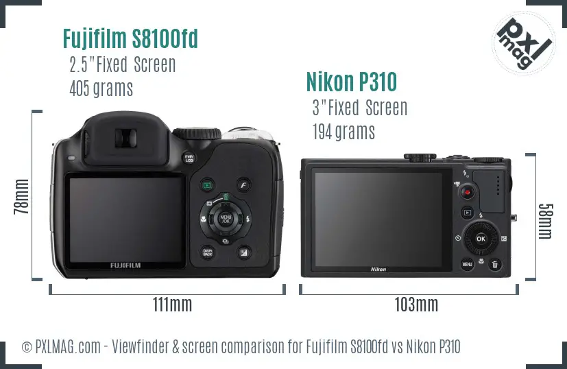 Fujifilm S8100fd vs Nikon P310 Screen and Viewfinder comparison
