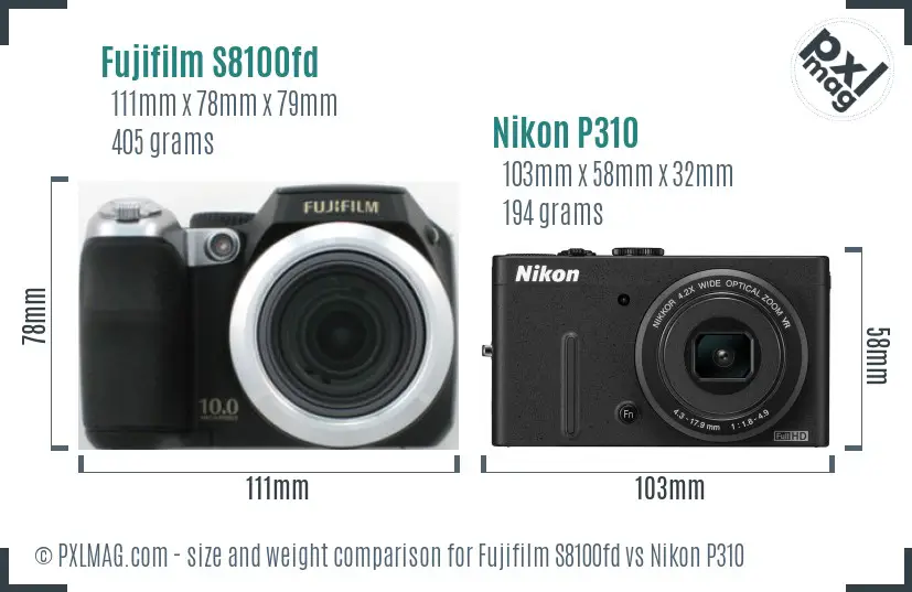 Fujifilm S8100fd vs Nikon P310 size comparison
