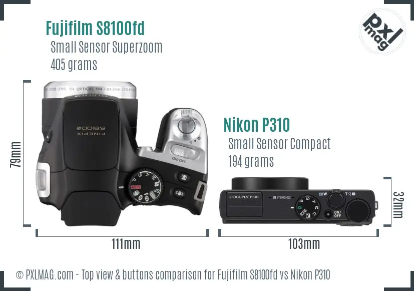 Fujifilm S8100fd vs Nikon P310 top view buttons comparison