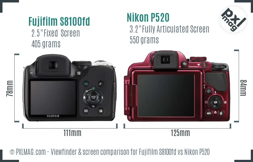 Fujifilm S8100fd vs Nikon P520 Screen and Viewfinder comparison