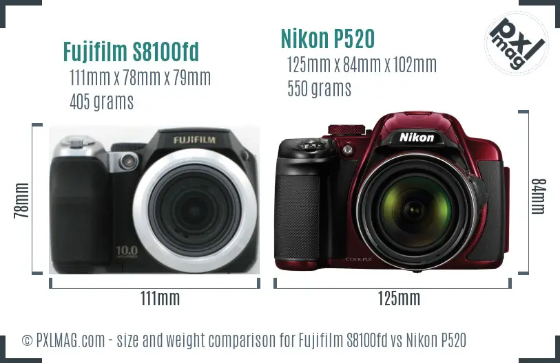 Fujifilm S8100fd vs Nikon P520 size comparison