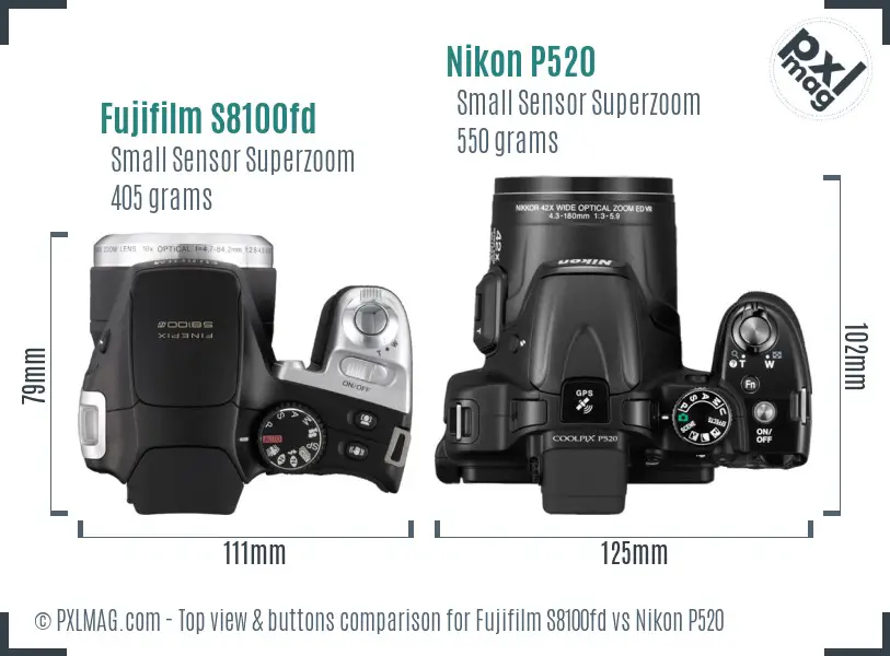 Fujifilm S8100fd vs Nikon P520 top view buttons comparison