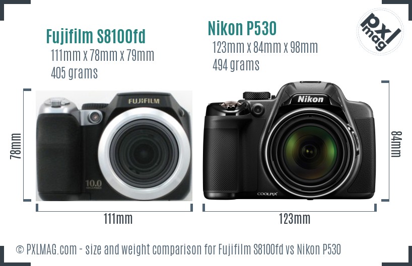 Fujifilm S8100fd vs Nikon P530 size comparison