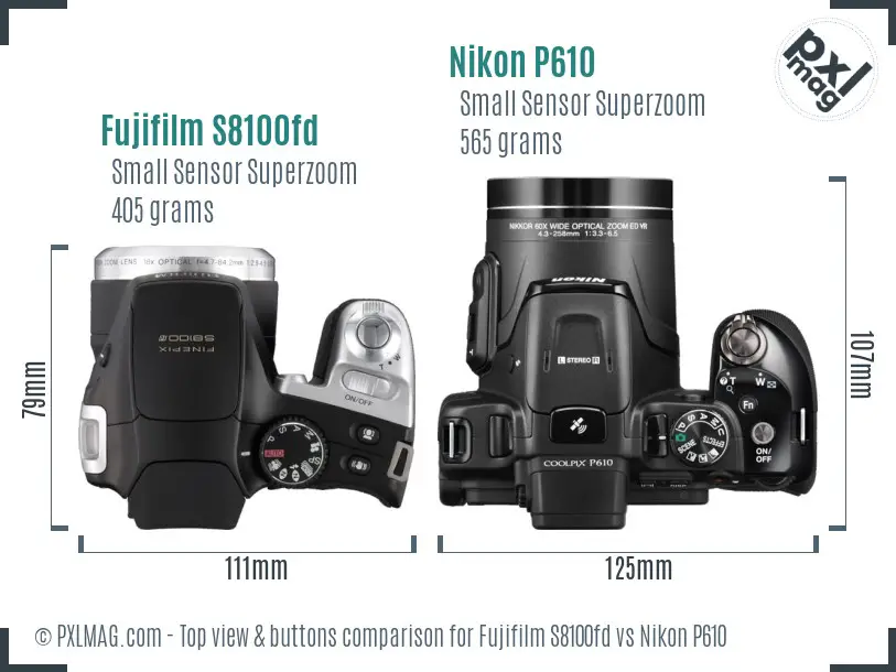 Fujifilm S8100fd vs Nikon P610 top view buttons comparison