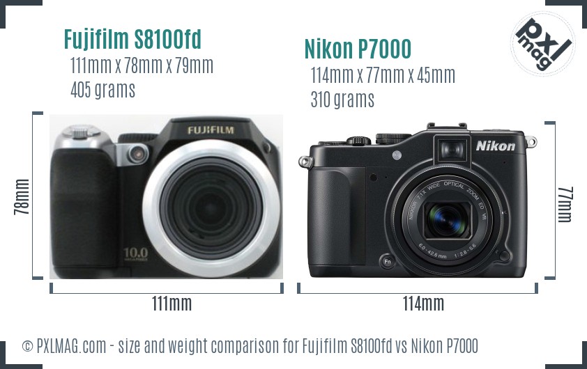 Fujifilm S8100fd vs Nikon P7000 size comparison