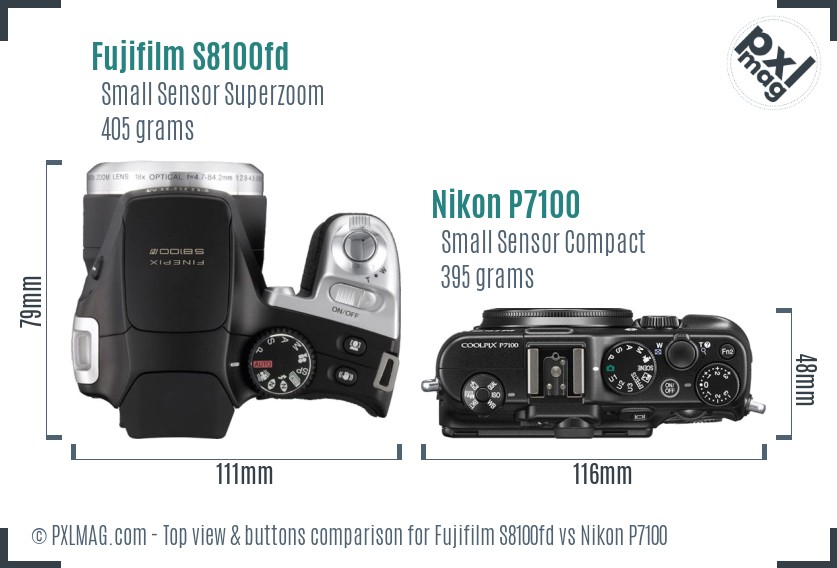 Fujifilm S8100fd vs Nikon P7100 top view buttons comparison