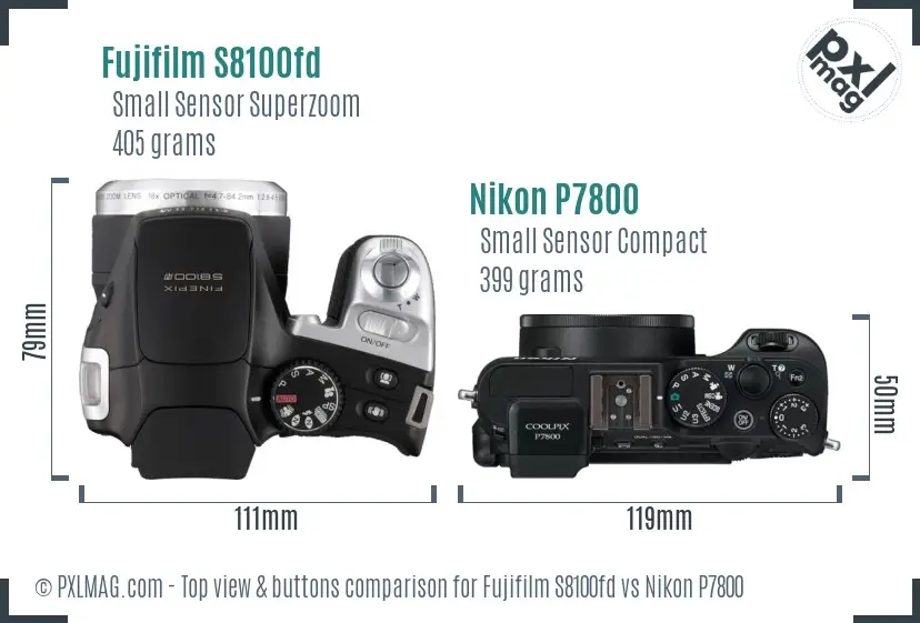 Fujifilm S8100fd vs Nikon P7800 top view buttons comparison Fujifilm S8100fd vs Nikon P7800 top view buttons comparison