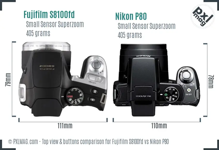 Fujifilm S8100fd vs Nikon P80 top view buttons comparison