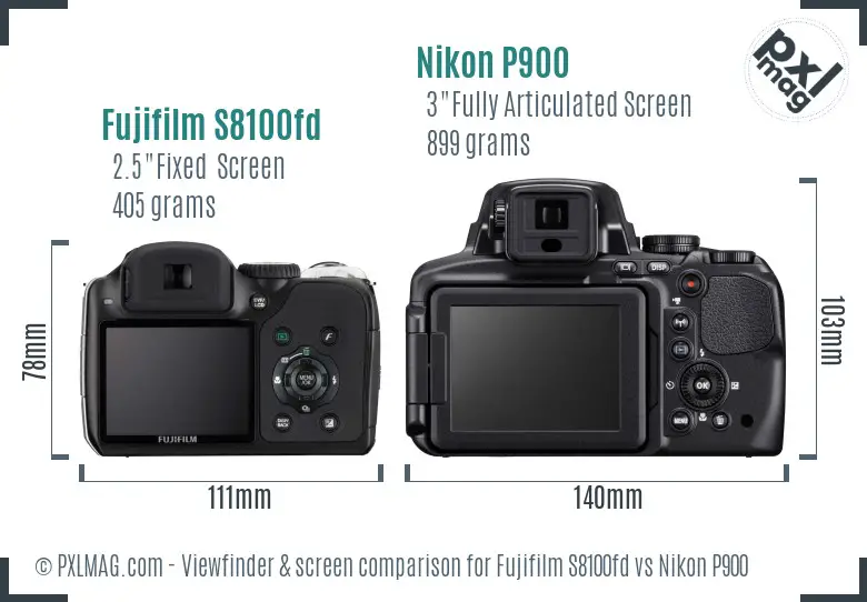 Fujifilm S8100fd vs Nikon P900 Screen and Viewfinder comparison