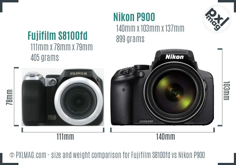 Fujifilm S8100fd vs Nikon P900 size comparison