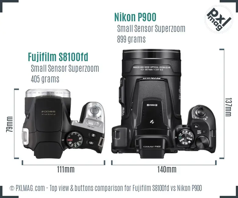 Fujifilm S8100fd vs Nikon P900 top view buttons comparison