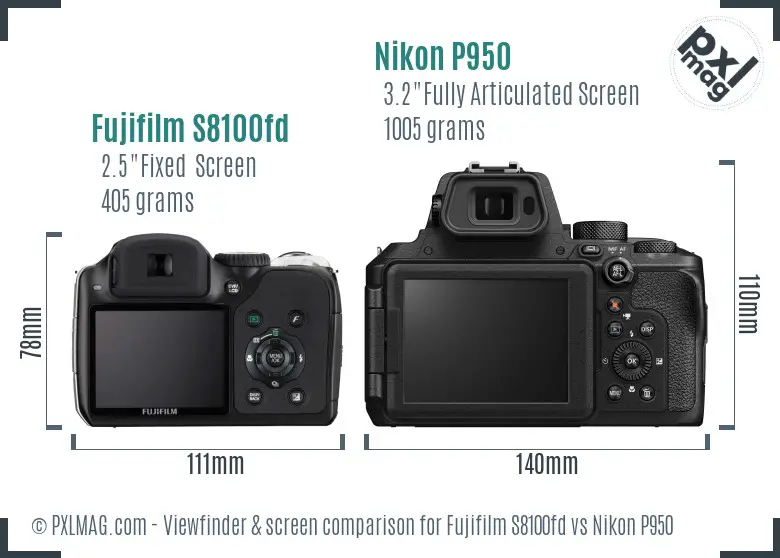 Fujifilm S8100fd vs Nikon P950 Screen and Viewfinder comparison