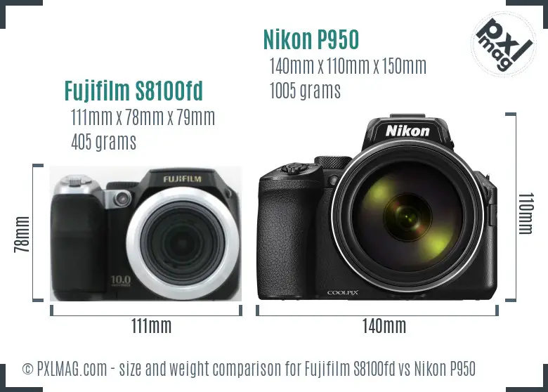 Fujifilm S8100fd vs Nikon P950 size comparison