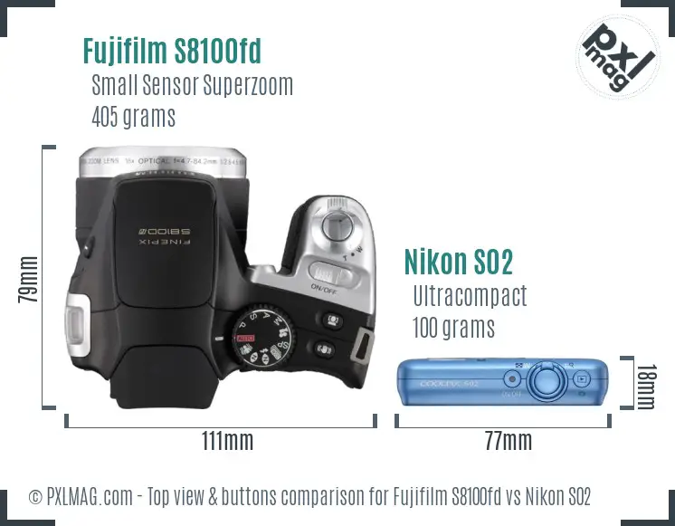 Fujifilm S8100fd vs Nikon S02 top view buttons comparison
