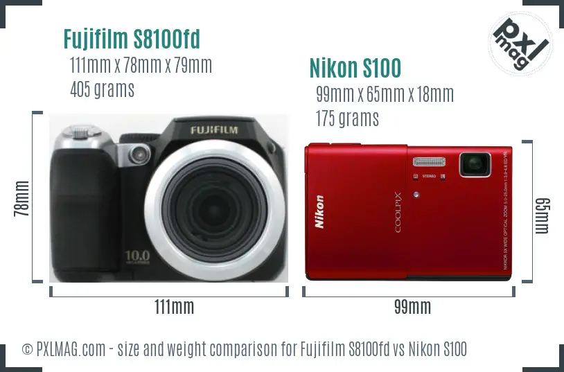 Fujifilm S8100fd vs Nikon S100 size comparison