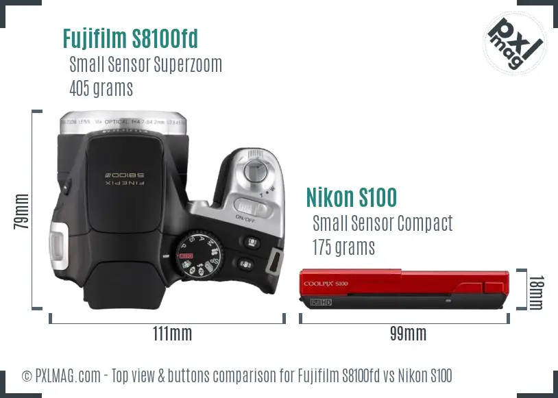 Fujifilm S8100fd vs Nikon S100 top view buttons comparison