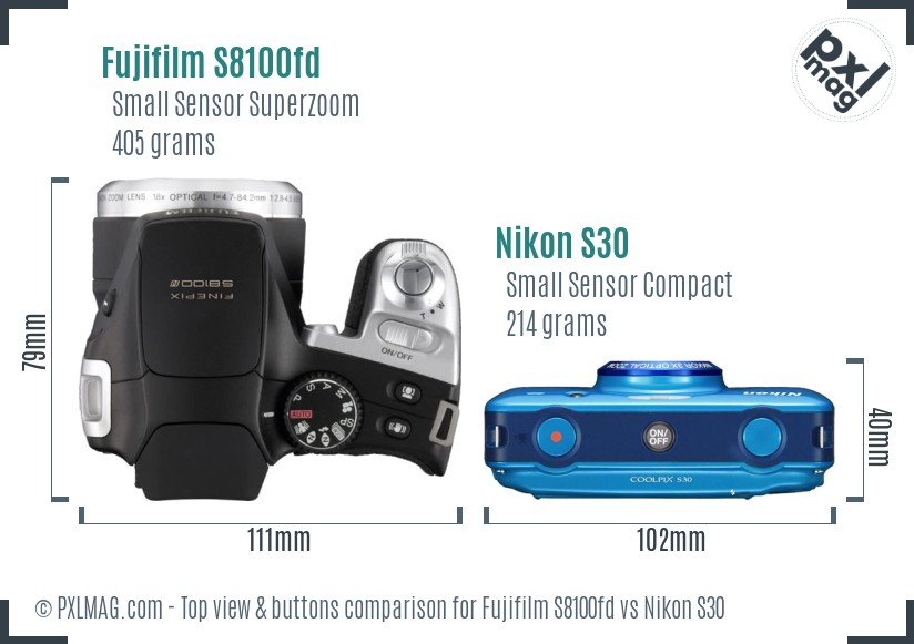 Fujifilm S8100fd vs Nikon S30 top view buttons comparison