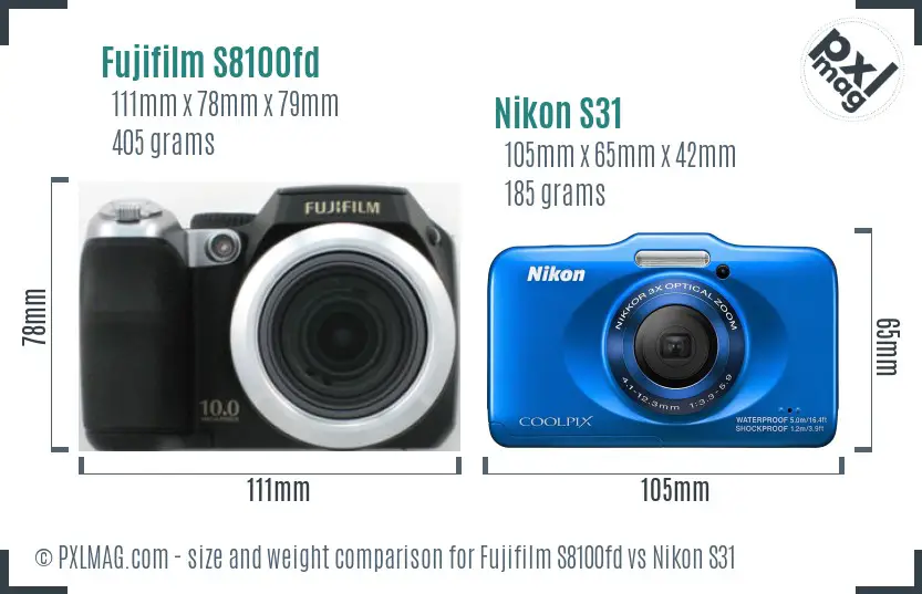 Fujifilm S8100fd vs Nikon S31 size comparison