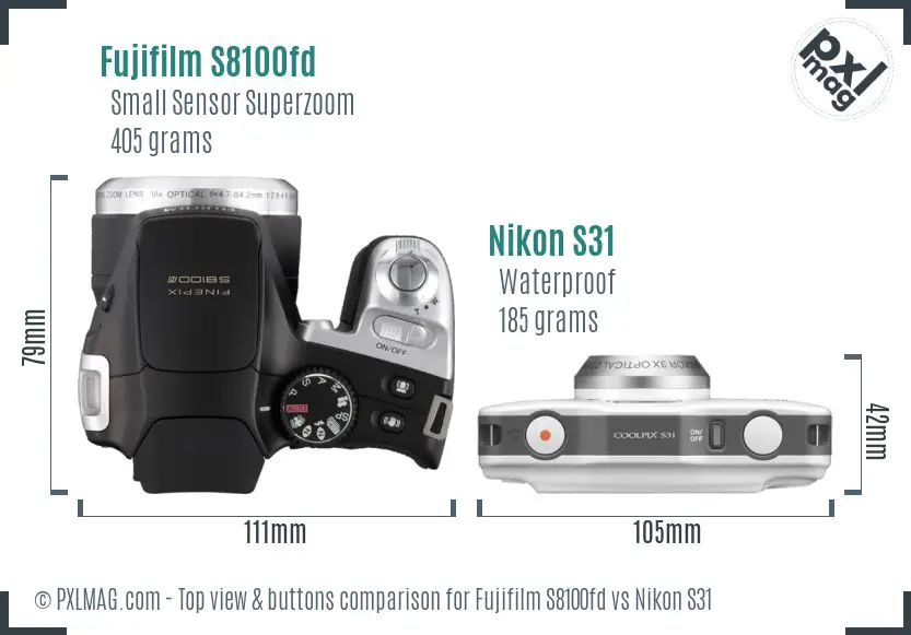 Fujifilm S8100fd vs Nikon S31 top view buttons comparison