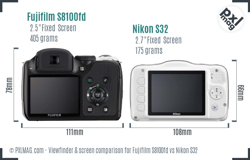 Fujifilm S8100fd vs Nikon S32 Screen and Viewfinder comparison