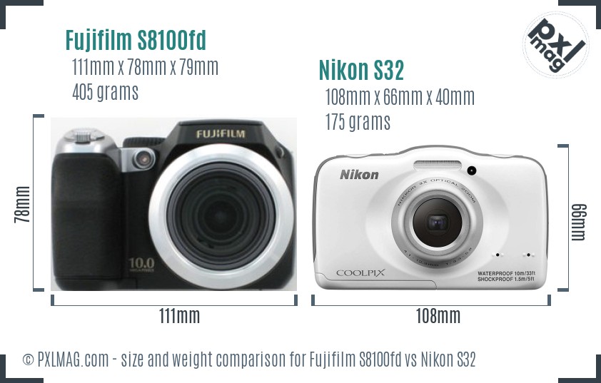 Fujifilm S8100fd vs Nikon S32 size comparison