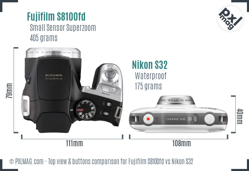 Fujifilm S8100fd vs Nikon S32 top view buttons comparison