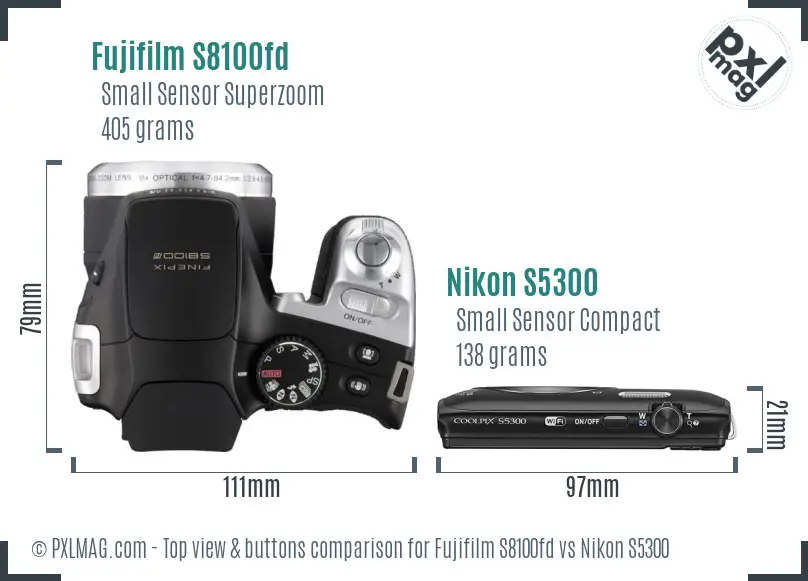 Fujifilm S8100fd vs Nikon S5300 top view buttons comparison Fujifilm S8100fd vs Nikon S5300 top view buttons comparison