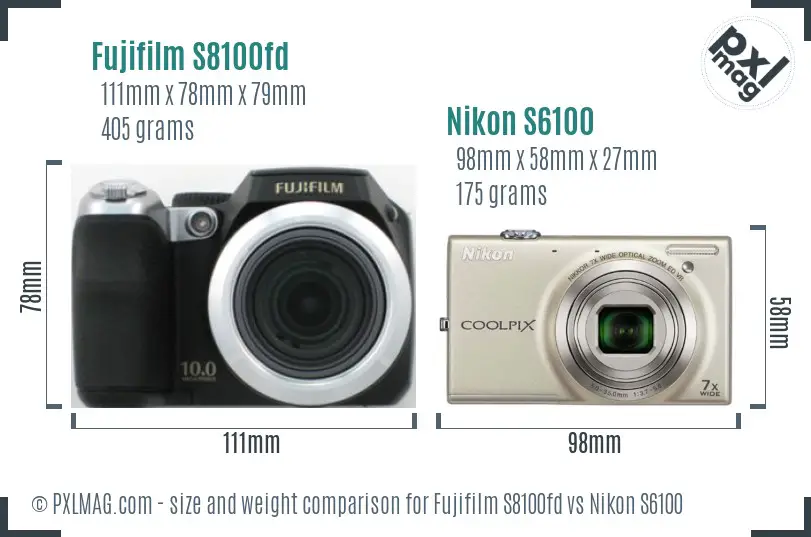 Fujifilm S8100fd vs Nikon S6100 size comparison