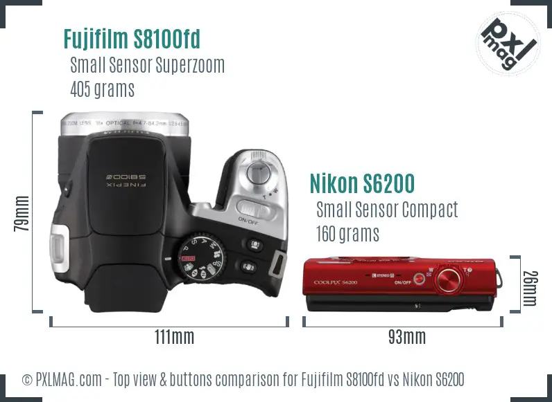 Fujifilm S8100fd vs Nikon S6200 top view buttons comparison Fujifilm S8100fd vs Nikon S6200 top view buttons comparison