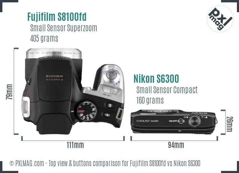 Fujifilm S8100fd vs Nikon S6300 top view buttons comparison Fujifilm S8100fd vs Nikon S6300 top view buttons comparison