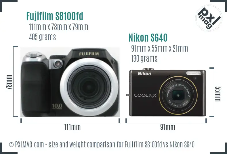 Fujifilm S8100fd vs Nikon S640 size comparison