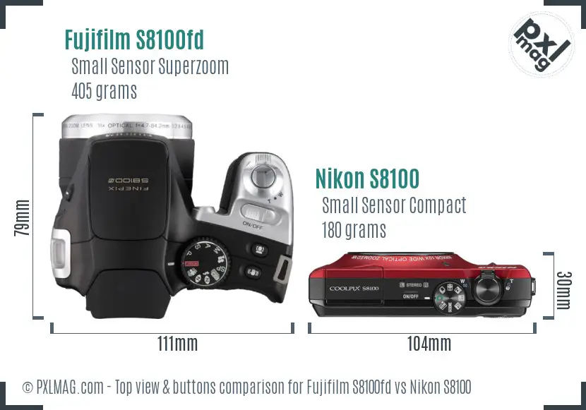 Fujifilm S8100fd vs Nikon S8100 top view buttons comparison